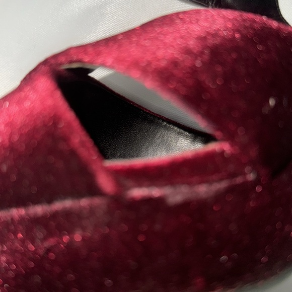 Not Worn Burgundy Velvet Cross Open Platform Heels ankle buckle. - Picture 6 of 8
